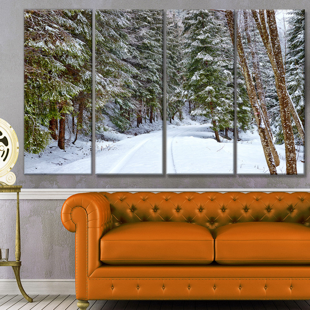 Snowy Road in the Forest, Landscape Canvas Art Print, 48"x28", 4 Panels