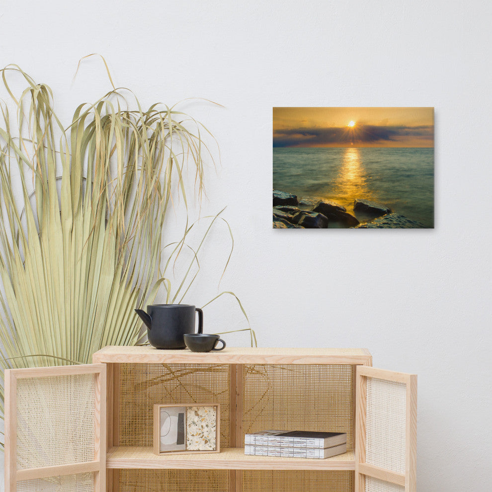 Sunset On Ocean, Sea, Beach Nature Landscape Photo Canvas Print, 18" X 24"