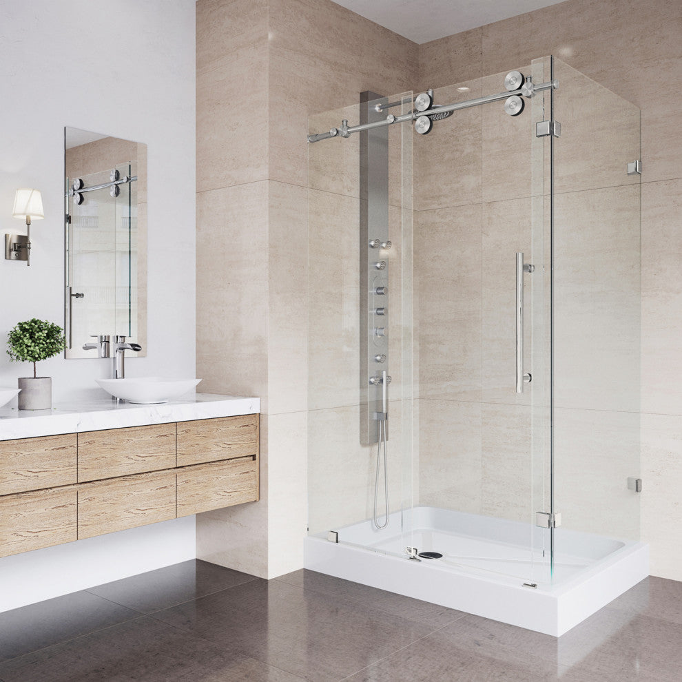 VIGO Winslow Frameless Sliding Shower Enclosure, Stainless Steel, 36" D X 48" W X 80" H, Left Drain Base