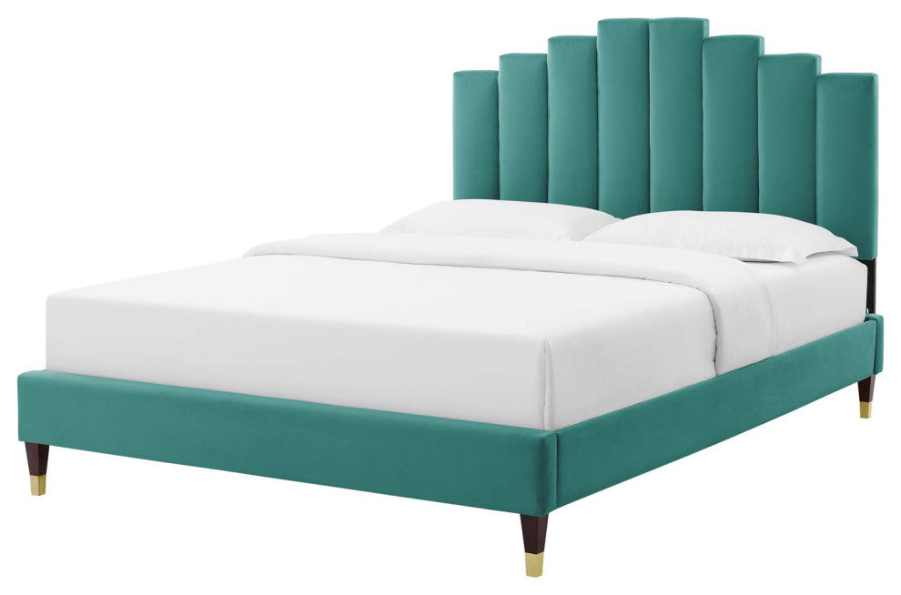 Platform Bed Frame, Full Size, Velvet, Teal Blue, Modern Contemporary, Bedroom