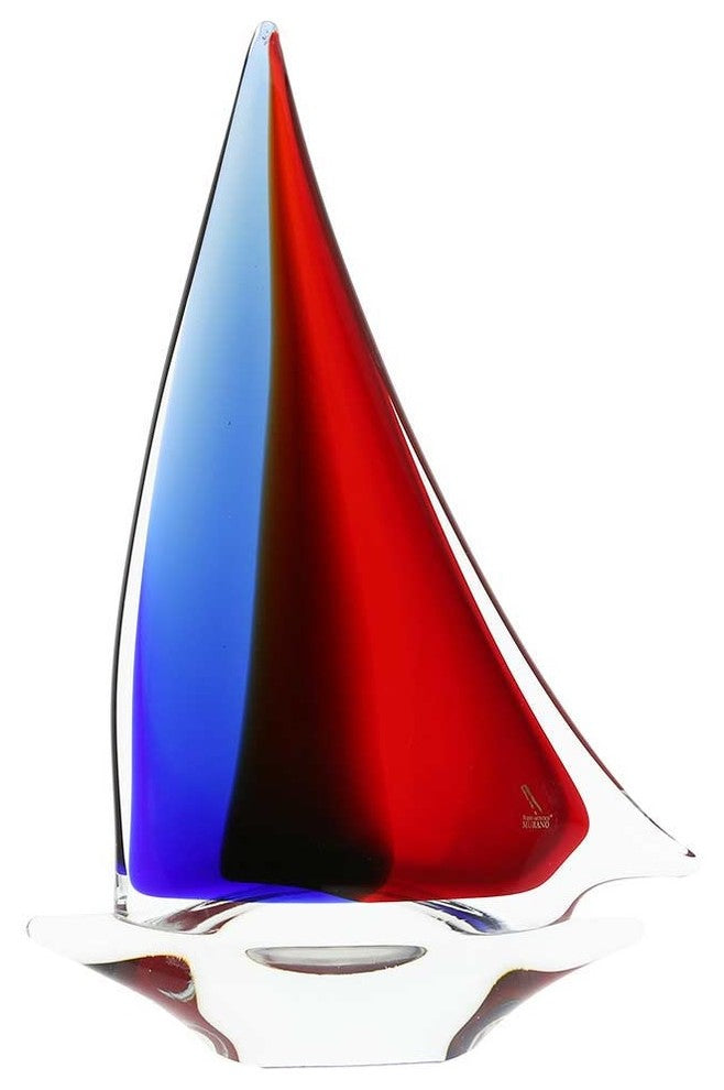 GlassOfVenice Murano Glass Large Sailboat - Red Blue Amber