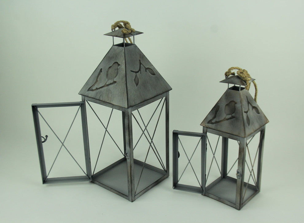 Vintage Grey Metal Bird On Branch Square Candle Lantern Set of 2