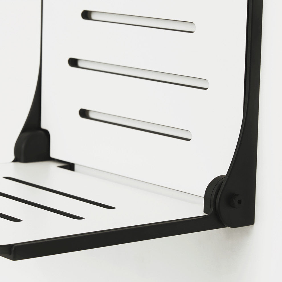 Silhouette Folding Wall Mount Shower Bench Seat, White Seat With Matte Black Frame