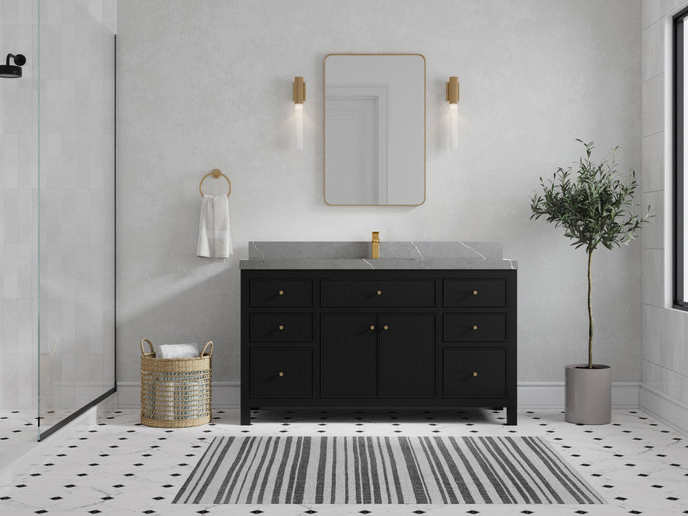 Sonoma 60 Single Sink Reeded Bathroom Vanity in Black 2" Piatra Gray