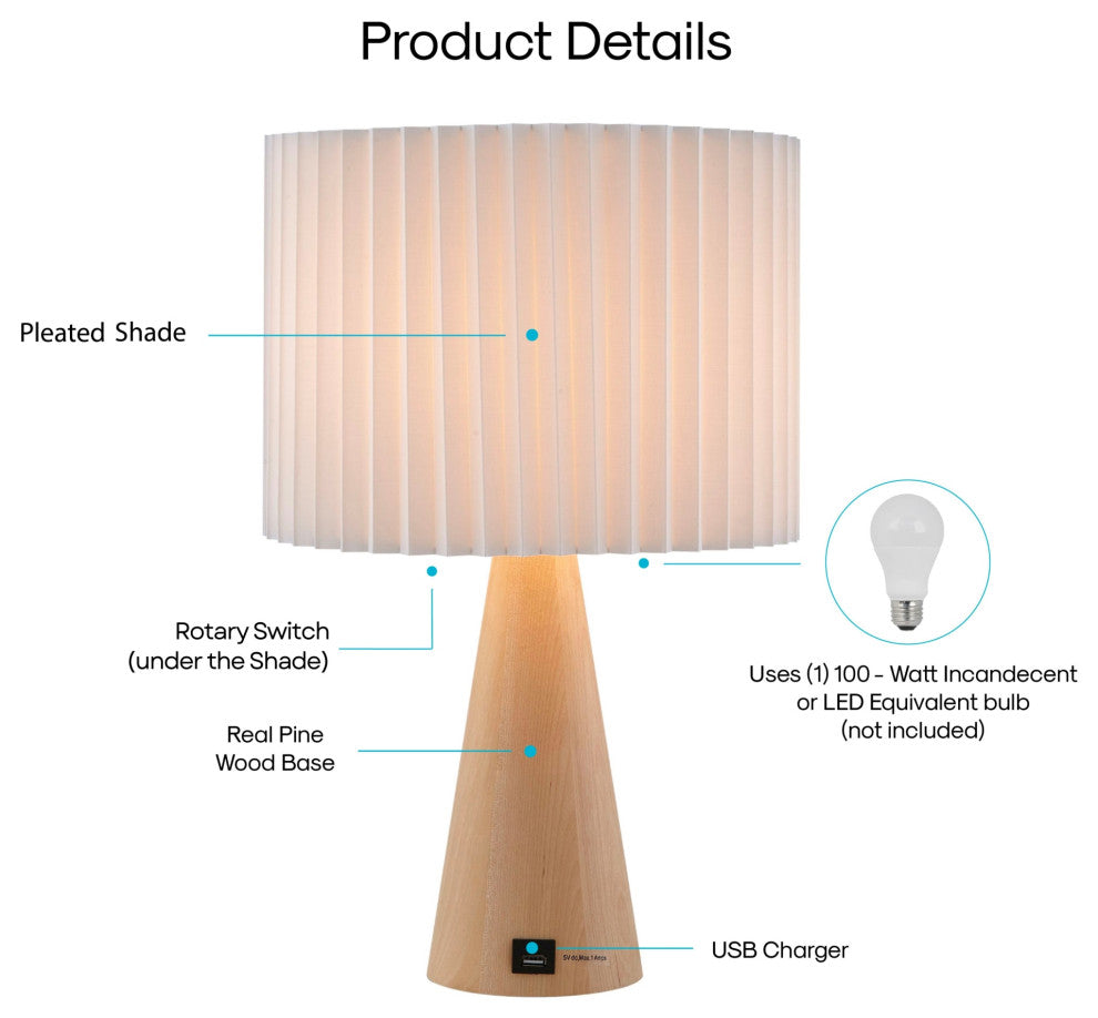 Inspired Home Ileana Table Lamp, USB Charger, Ivory