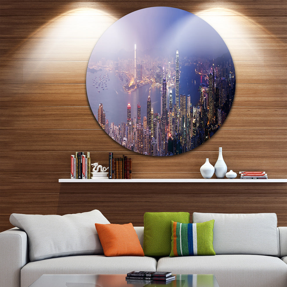 Hong Kong From Day To Night, Cityscape Photo Disc Metal Wall Art, 11"