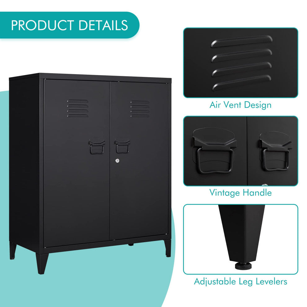 Metal Storage Cabinet, 2 Doors & 2 Shelves, 35.5", Black, With Legs