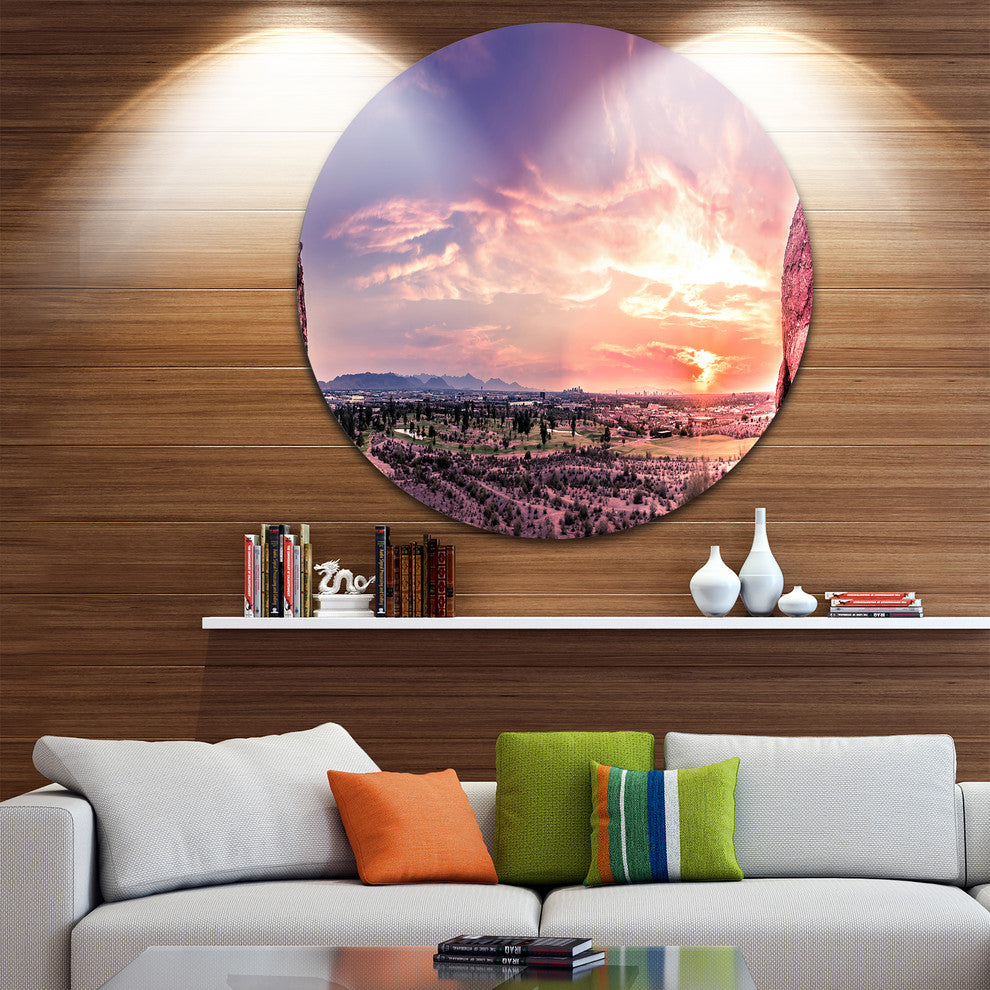 Evening Red Sky Over Phoenix Arizona, Landscape Disc Metal Artwork, 23"