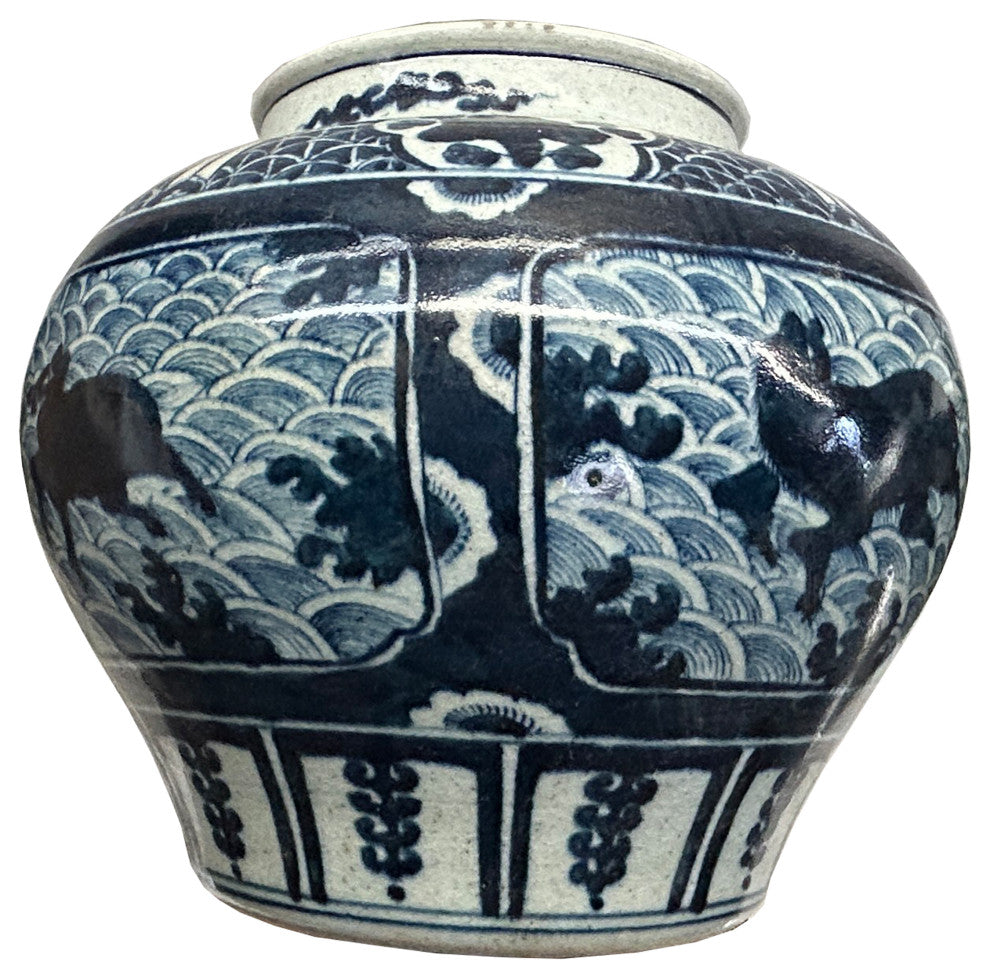 Vintage Blue White Mythical Graphic Fat Body Porcelain Vase Jar