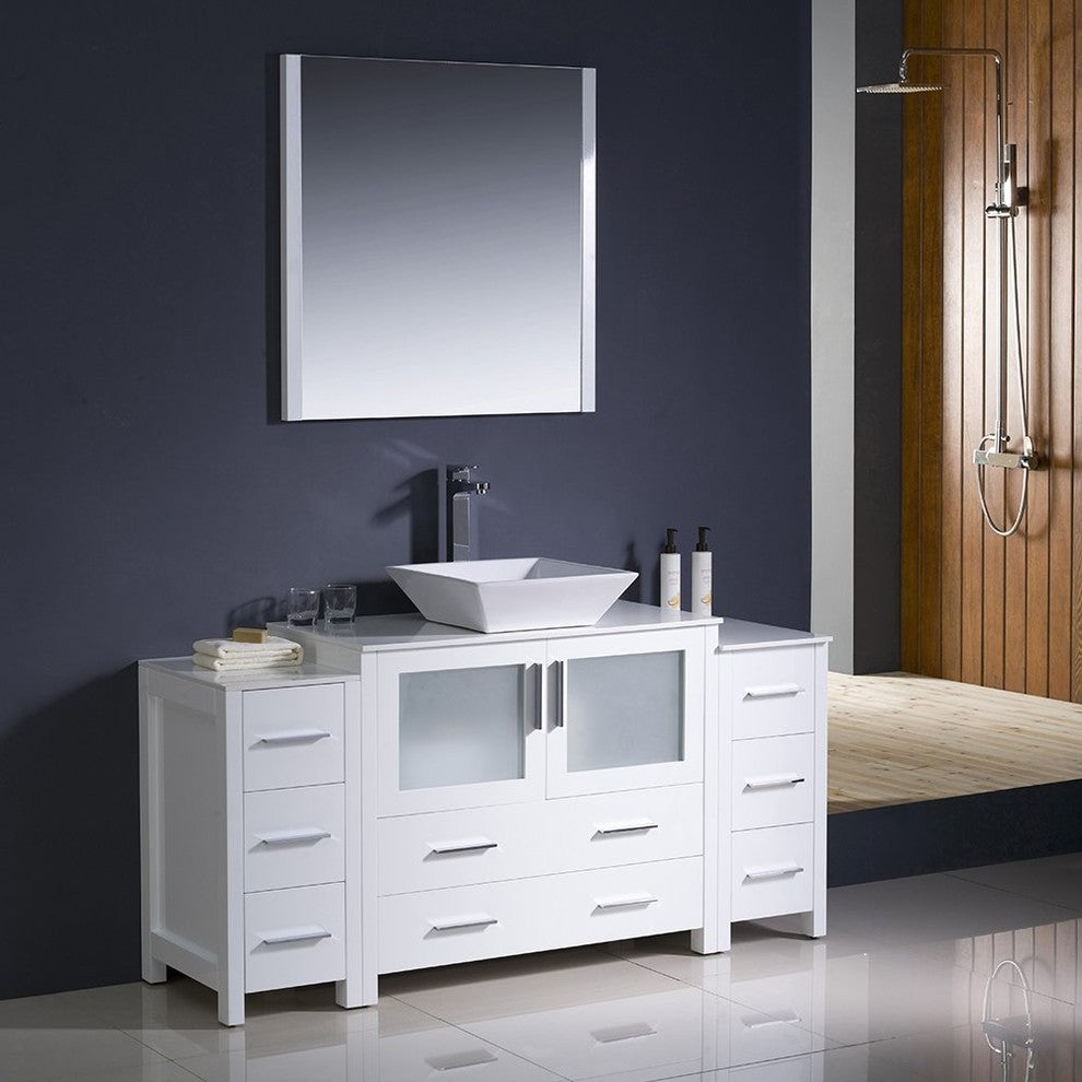 Torino 60" White Modern Bathroom Vanity With 2 Side Cabinets, FFT3072BN