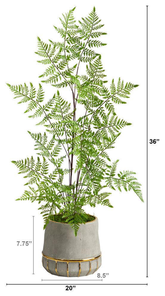 3' Ruffle Fern Artificial Tree, Stoneware Planter With Gold Trimming