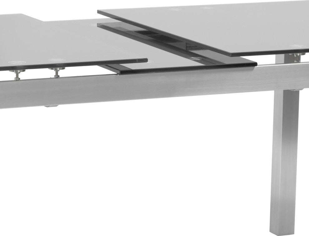 Ivan Extension Dining Table, Brushed Stainless Steel and Gray Tempered Glass Top