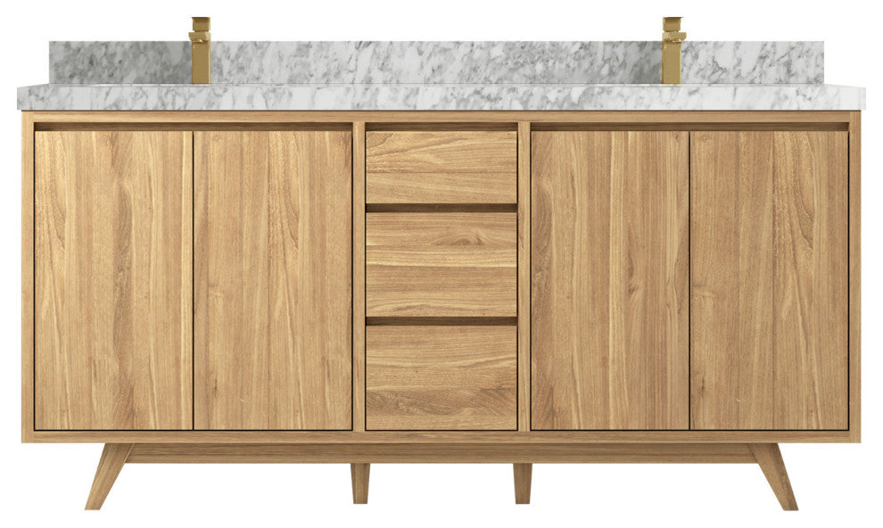 Madison Teak 72 Double Sink Bath Vanity in Light Natural 2" Carrara Marble