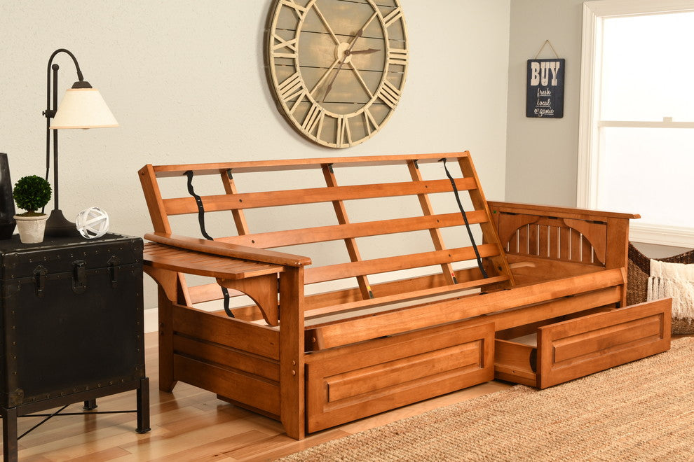 Mesa Frame Futon With Barbados Finish, Storage Drawers, Suede Peat