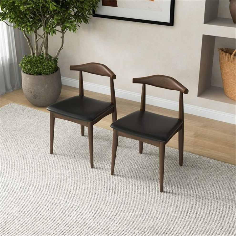 Pemberly Row 30"H Mid-Century Wood/Faux Leather Dining Chair in Black (Set of 2)