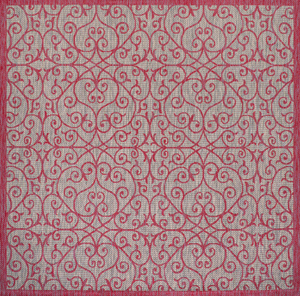 Madrid Vintage Filigree Textured Weave Indoor/Outdoor, Light Gray/Fuchsia, 5' Square