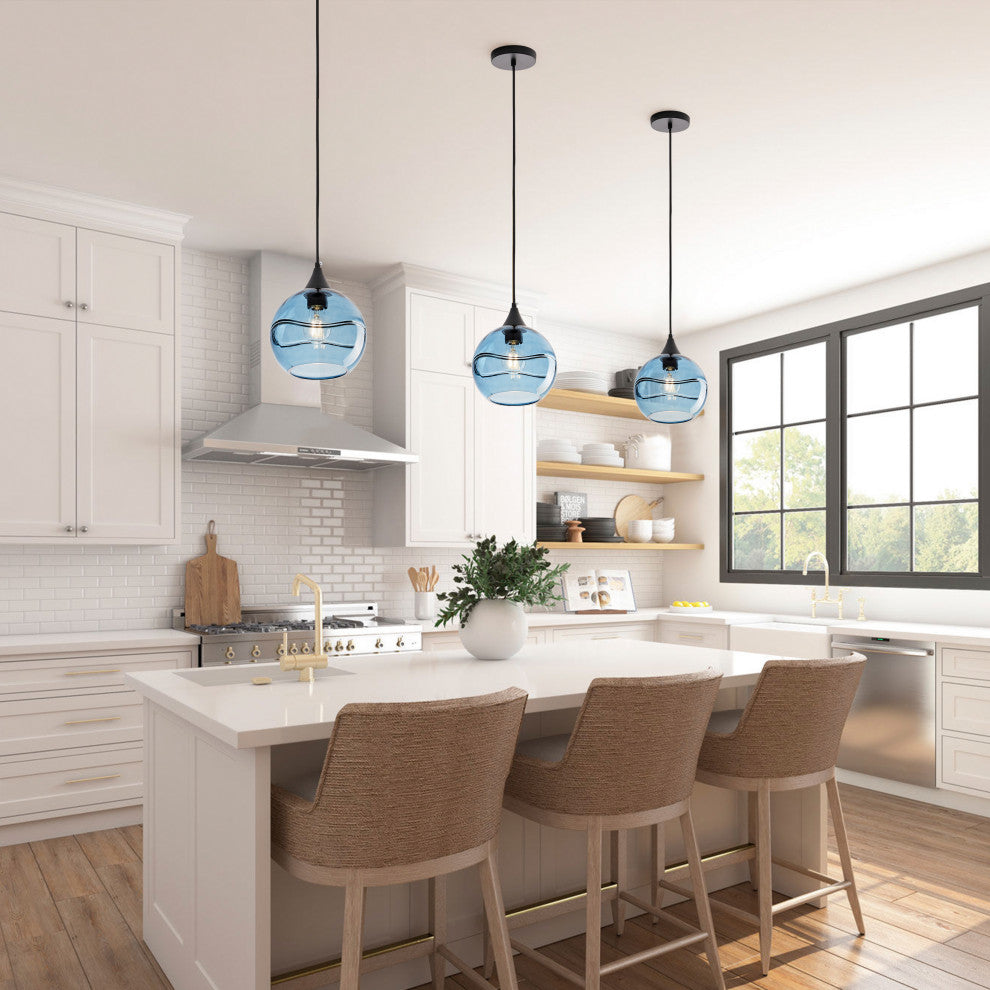 Modern Blue Rippled Glass Pendant Lighting Fixture for Kitchen Island