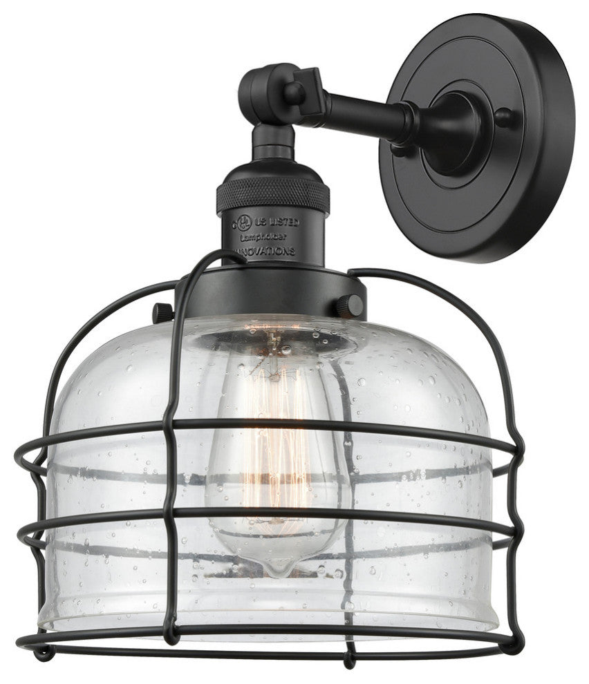 1-Light Large Bell Cage 8" Sconce, Matte Black, Glass: Seedy