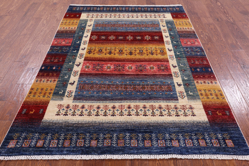 Persian Gabbeh Tribal Hand-Knotted Rug 4' 11" X 6' 8" Q4935