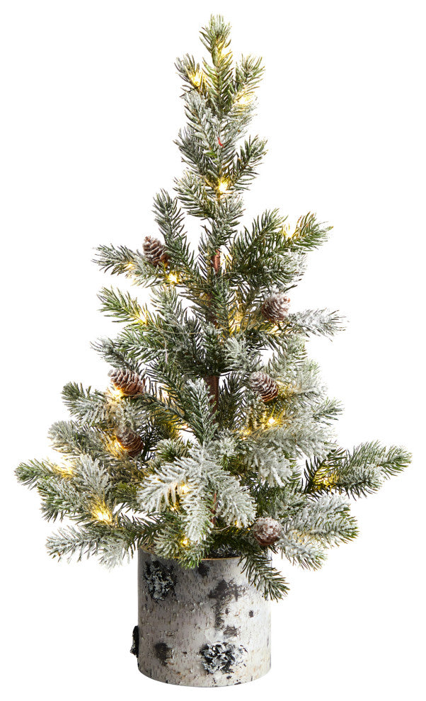 24" Flocked Xmas Faux Tree, Decorative Birch Bark Planter With 30 LED lights