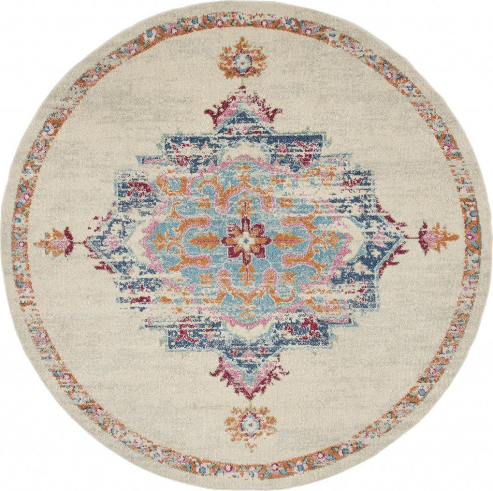 8 Round Gray Distressed Medallion Area Rug