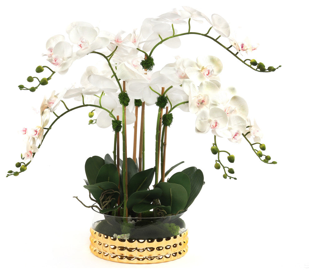 Real Touch Cream Orchid Arrangement in a Glass Gold Bowl