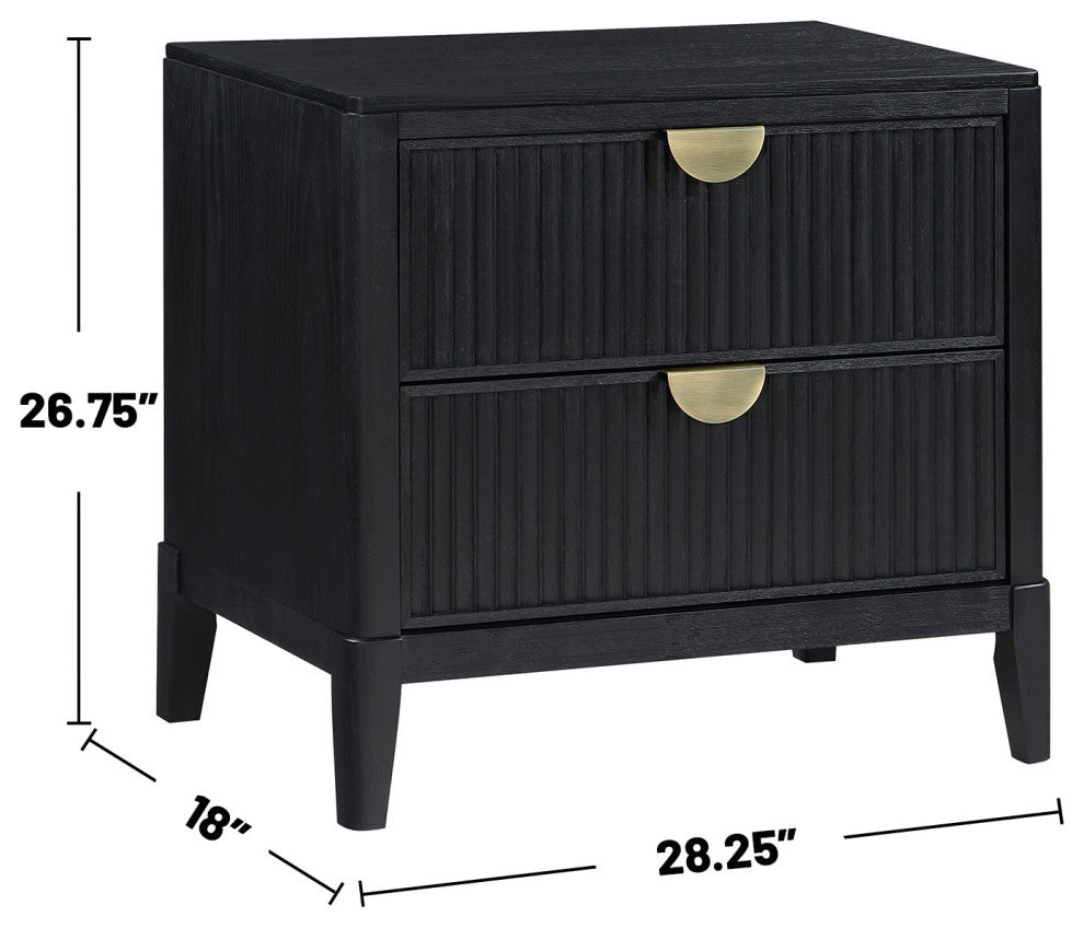 2 Drawers Wooden Nightstand With Demi-lune Metal Handles, Black