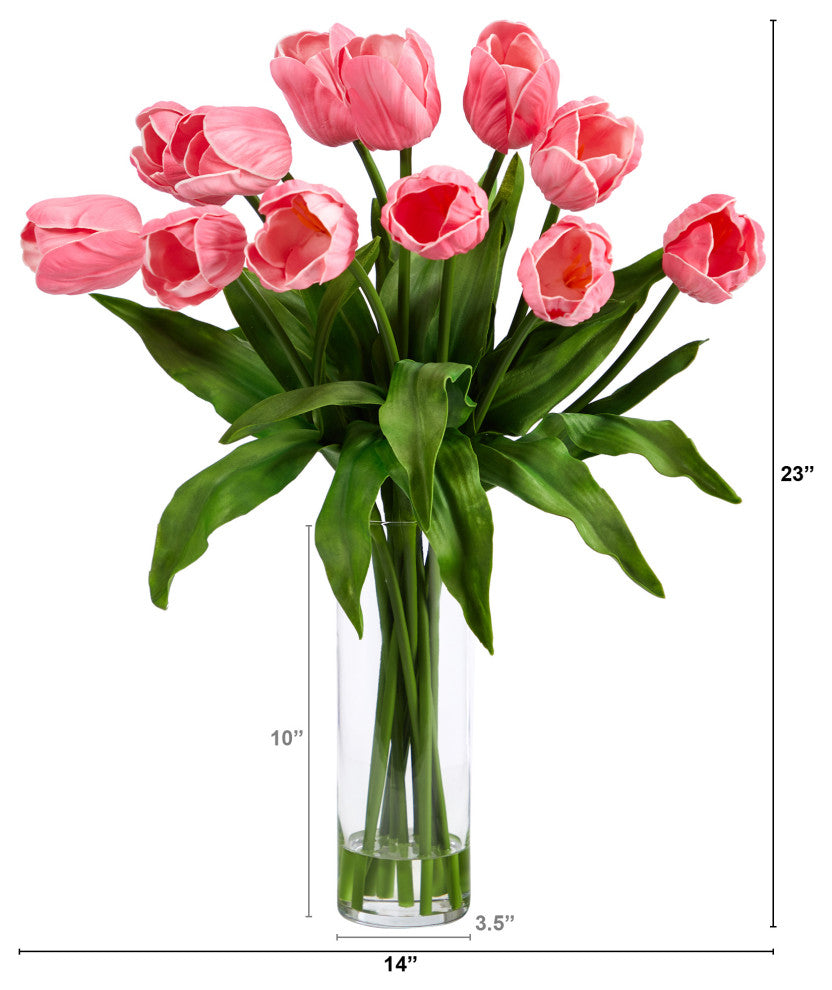 23in. Artificial Tulip Arrangement with Cylinder Glass Vase