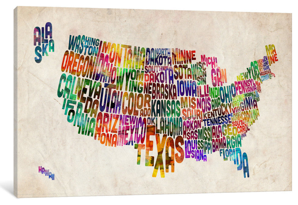 "Typographic Text USA (States) Map" by Michael Tompsett, 40x26x1.5"