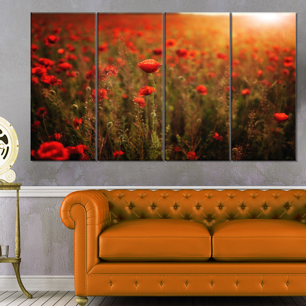 Dense Poppy Field At Sunset, Floral Canvas Art Print, 48"x28", 4 Panels