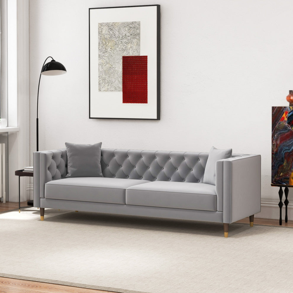 Lewis Mid-Century Modern Luxury Tufted Velvet Sofa, Light Grey
