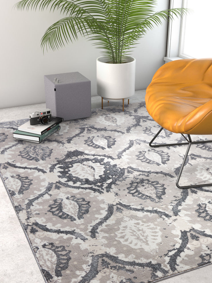 Well Woven Pearl Felize Dark Gray Modern Distressed Ogee Soft Area Rug