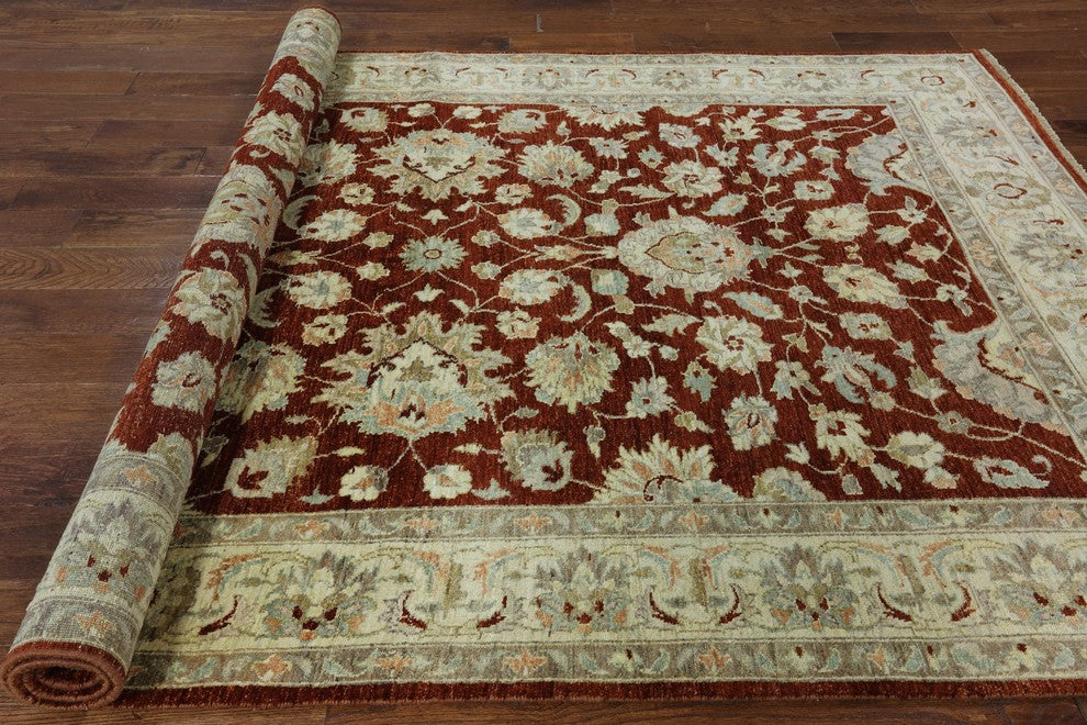 Oushak Peshawar Pakistani Chobi Burgundy Hand-Knotted Wool Rug, 6'x9'