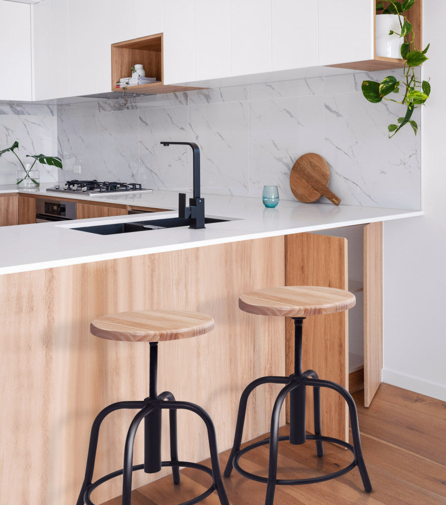 NPS 19-25" Height Adjustable Swivel Stool, Wooden Seat and Black Frame