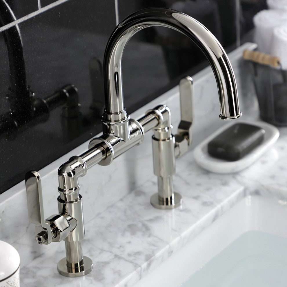 Industrial Style Bridge Bathroom Faucet With Pop-Up Drain, Polished Nickel