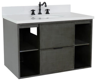 37" Single Wall Mount Vanity, Linen Gray Finish With White Engineered Stone Top