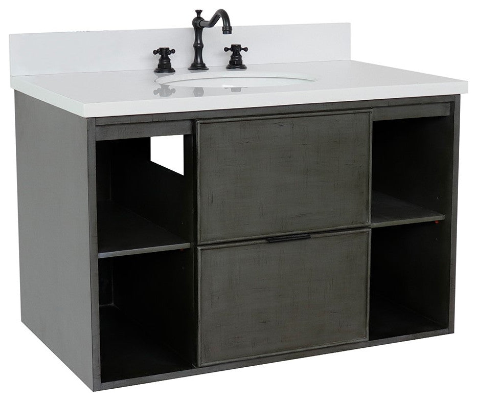 37" Single Wall Mount Vanity, Linen Gray Finish With White Engineered Stone Top