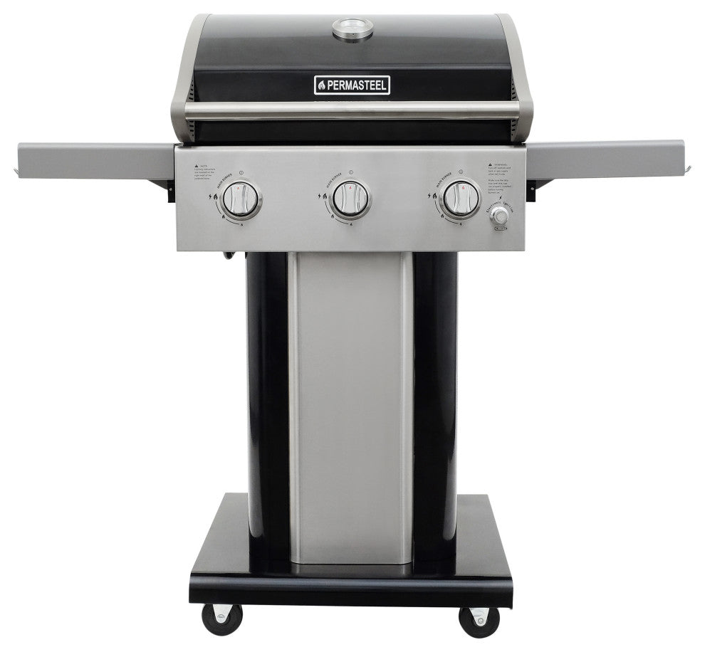 Permasteel 3 Burner Propane Gas Grill with Folding Side Shelves, Black