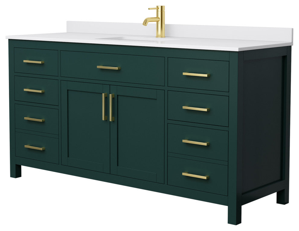 66" SGL Bathroom Vanity, Green, White Cult. Marble Countertop, Sink, Gold Trim