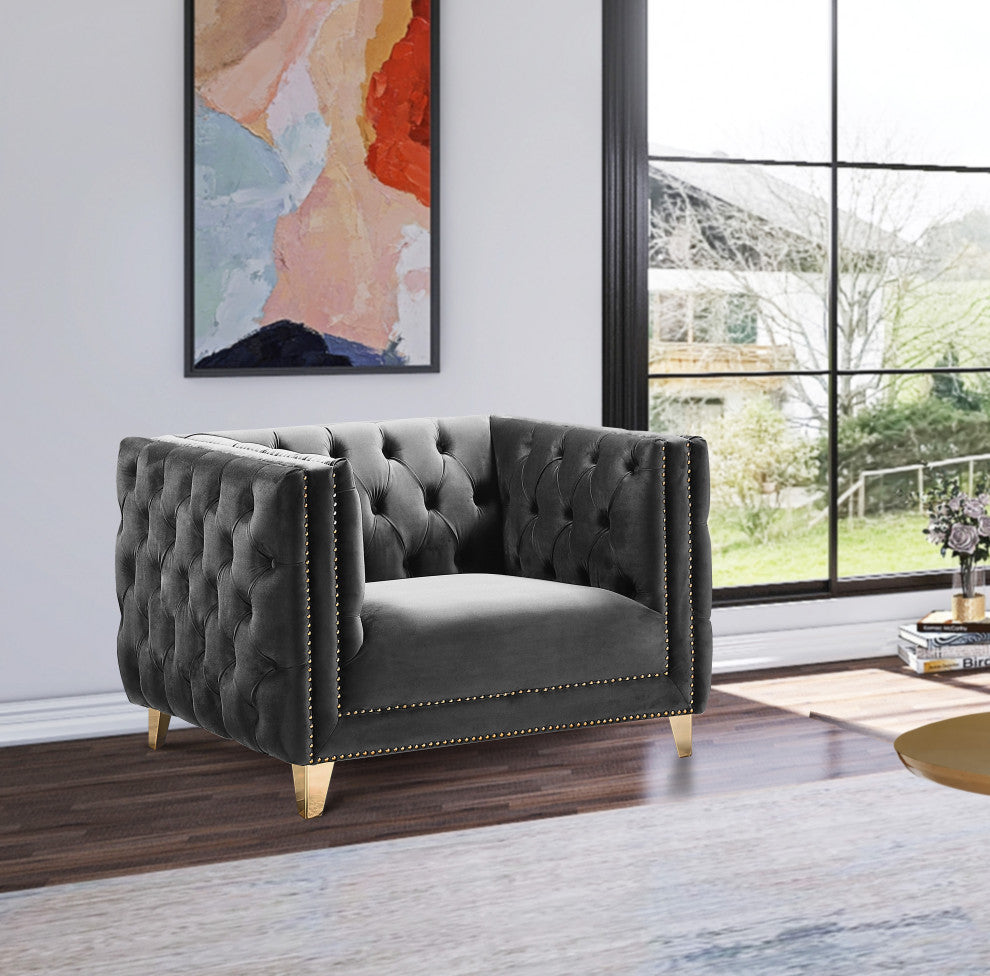 Michelle Fabric Upholstered Chair, Gold Iron Legs, Gray, Velvet, Chair