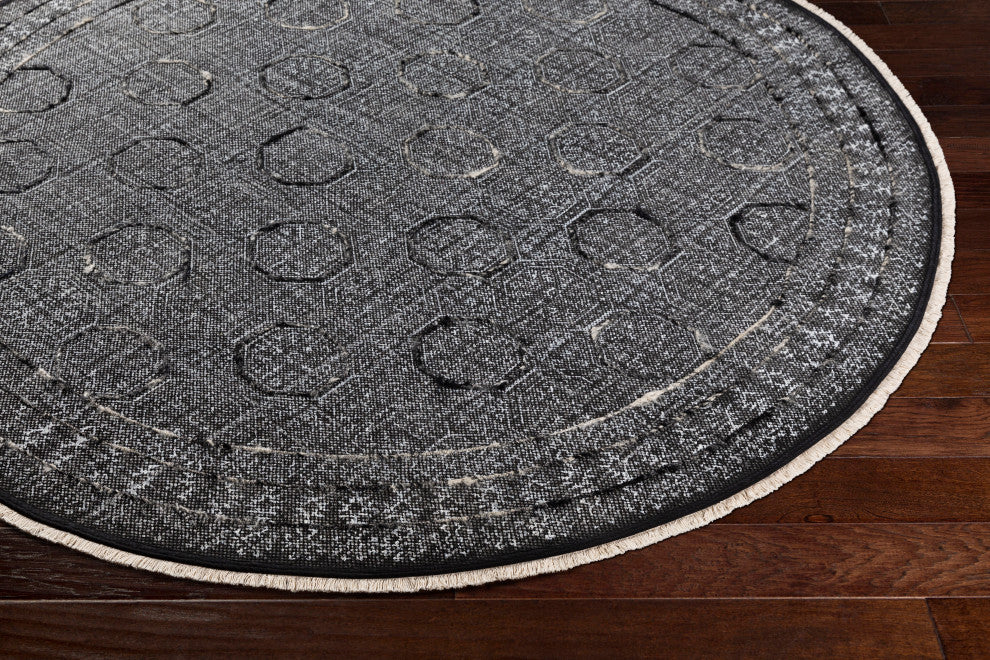 Surya Rajasthan RAJ-2301 8' Round Rug, Black/White/Charcoal/Cream