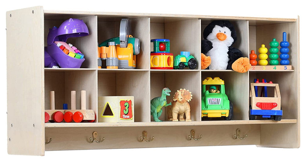 10 Section Wood Cubbies Storage, Red Bins, Wall Hanging Organizers