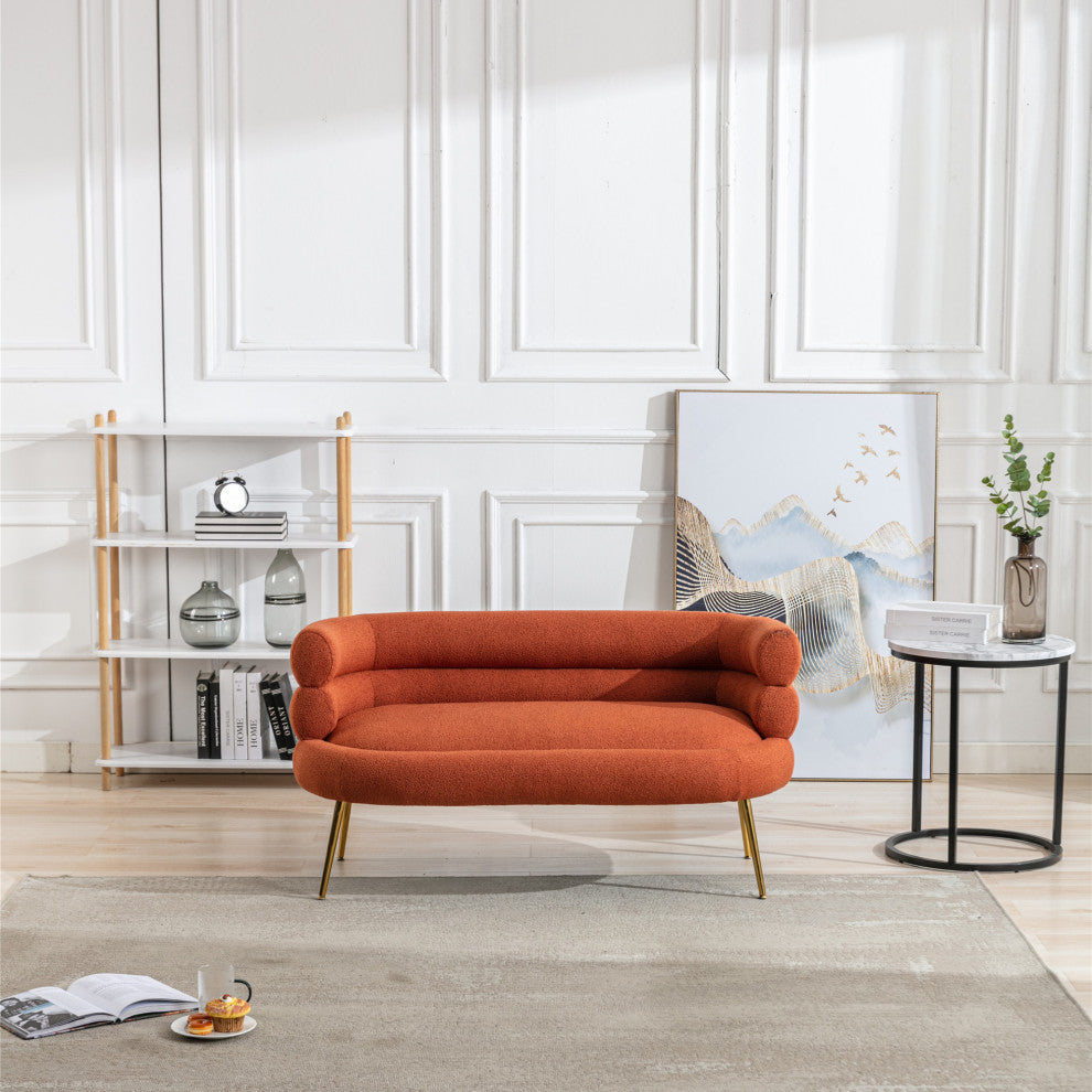 53" Round Arm Settee with Metal Legs, Orange, 53"