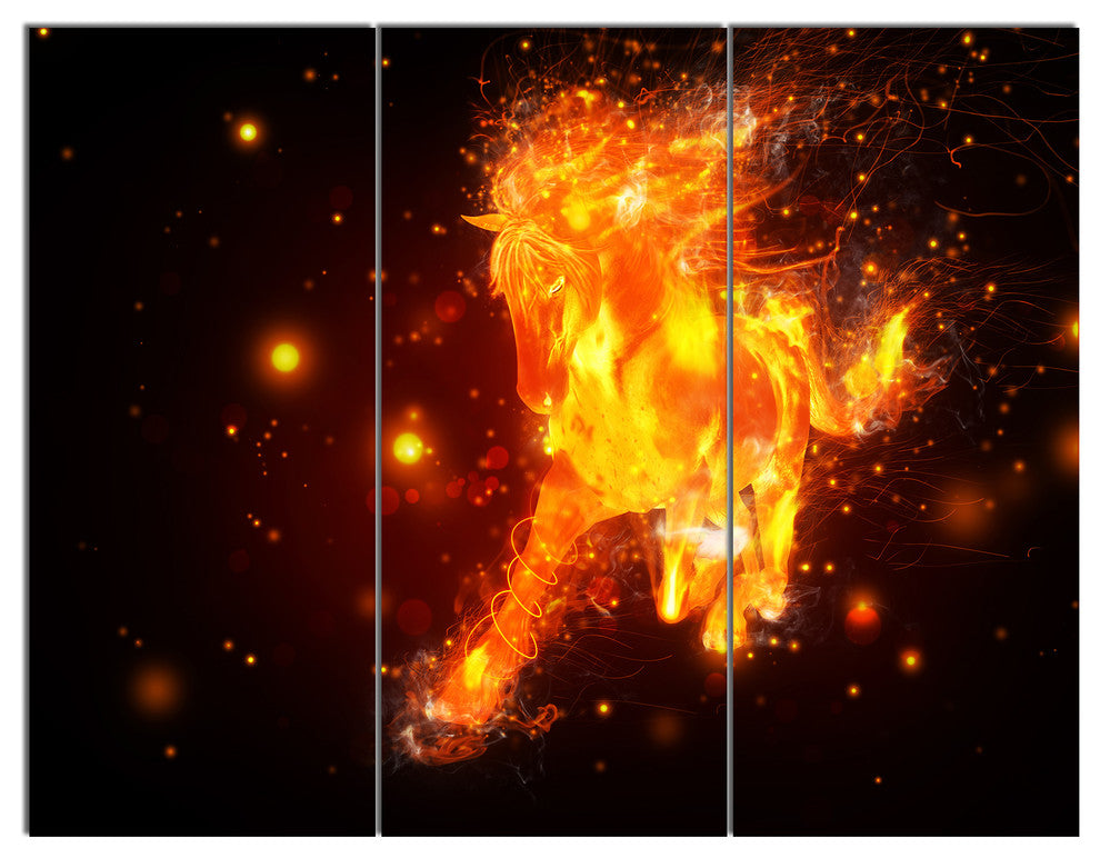 Abstract Running Fire Horse, Animal Triptych Canvas Art Print, 36x28, 3 Panels
