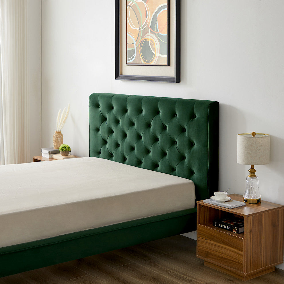 Ashley Midcentury Velvet Tufted Solid Wood Platform Bed, Green, Queen