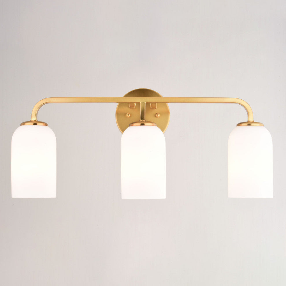 Shelby 3-Light Gold Brass Transitional Bathroom Vanity Fixture White Glass