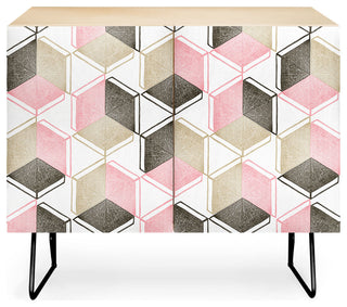 Deny Designs Pink and Beige Geometric Credenza, Birch, Black Steel Legs