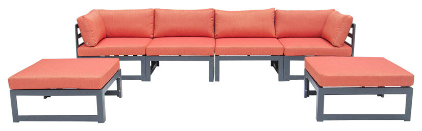 LeisureMod Chelsea 6-Piece Patio Ottoman Sectional Black Aluminum, Orange