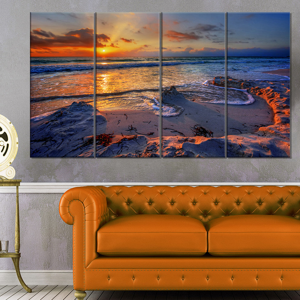 Beautiful Seashore with Yellow Sun, Seashore Canvas Print, 48"x28", 4 Panels