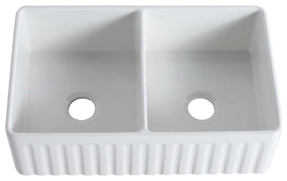 White Ceramic 33 in. Double Bowl Farmhouse Apron Kitchen Sink with Basket Strain
